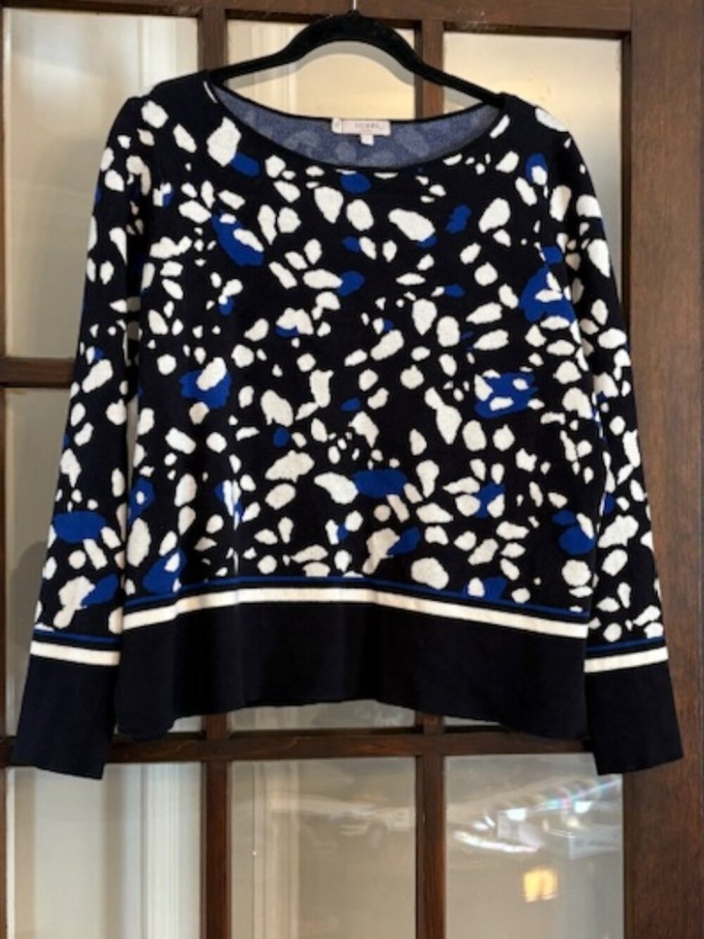 Women's Crew Neck Sweater - Black, White & Blue Pattern